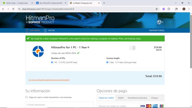 HitmanPro checkout page showing HitmanPro coupon code box | Screenshot taken by SimplyCodes community member on May 22, 2025