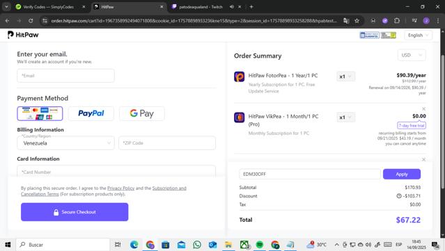 HitPaw checkout page showing HitPaw coupon code box | Screenshot taken by SimplyCodes community member on Sep 14, 2025