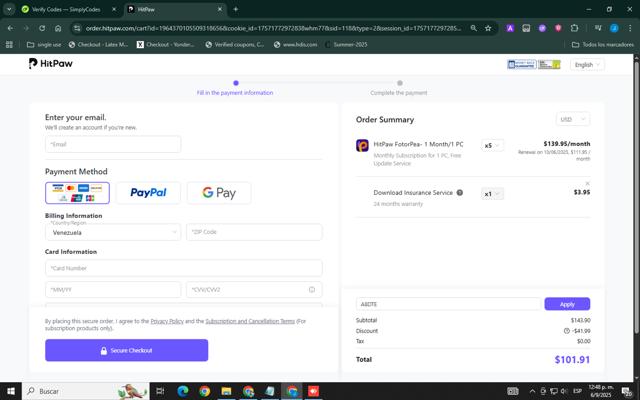 HitPaw checkout page showing HitPaw coupon code box | Screenshot taken by SimplyCodes community member on Sep 6, 2025