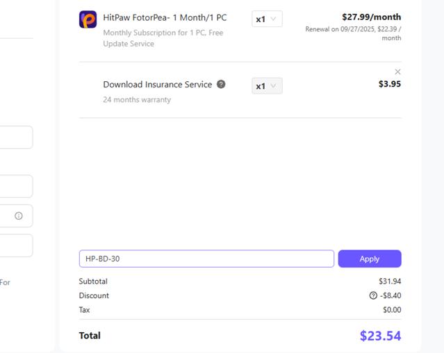 HitPaw checkout page showing HitPaw coupon code box | Screenshot taken by SimplyCodes community member on Aug 27, 2025