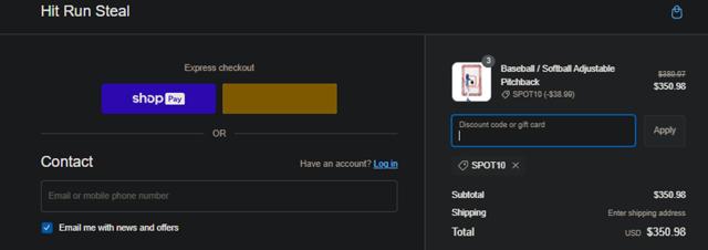 Hit Run Steal checkout page showing Hit Run Steal promo code box | Screenshot taken by SimplyCodes community member on Oct 10, 2023