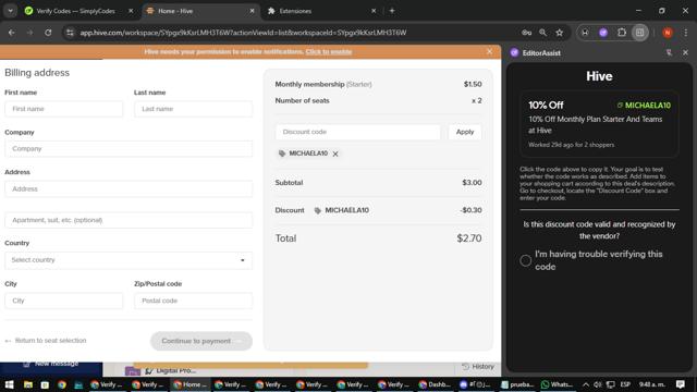 Hive checkout page showing Hive promo code box | Screenshot taken by SimplyCodes community member on Sep 12, 2025