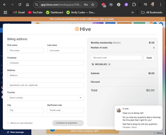 Hive checkout page showing Hive promo code box | Screenshot taken by SimplyCodes community member on Aug 14, 2025