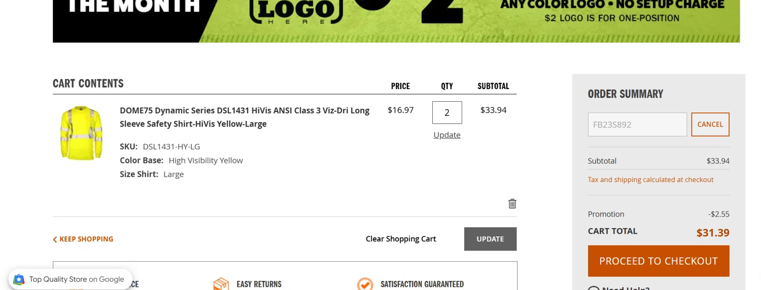Hi Vis Supply promo code screenshot showing code FB23S892 applied at Hi Vis Supply checkout page. Uploaded by SimplyCodes community member CRYSTALSUICINE on Apr 5, 2026