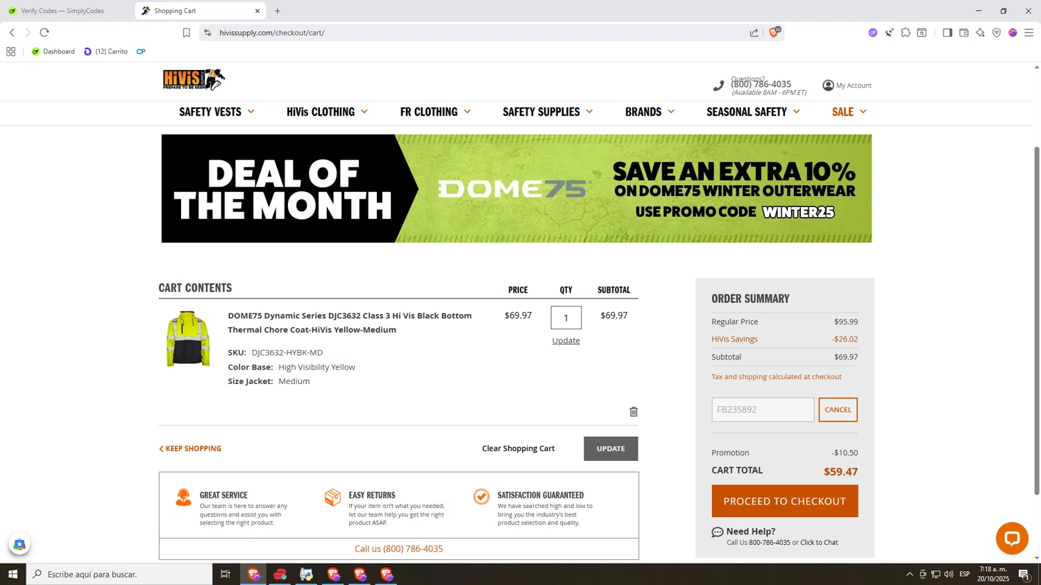 Hi Vis Supply promo code screenshot showing code FB23S892 applied at Hi Vis Supply checkout page. Uploaded by SimplyCodes community member Nezukooo on Oct 20, 2025