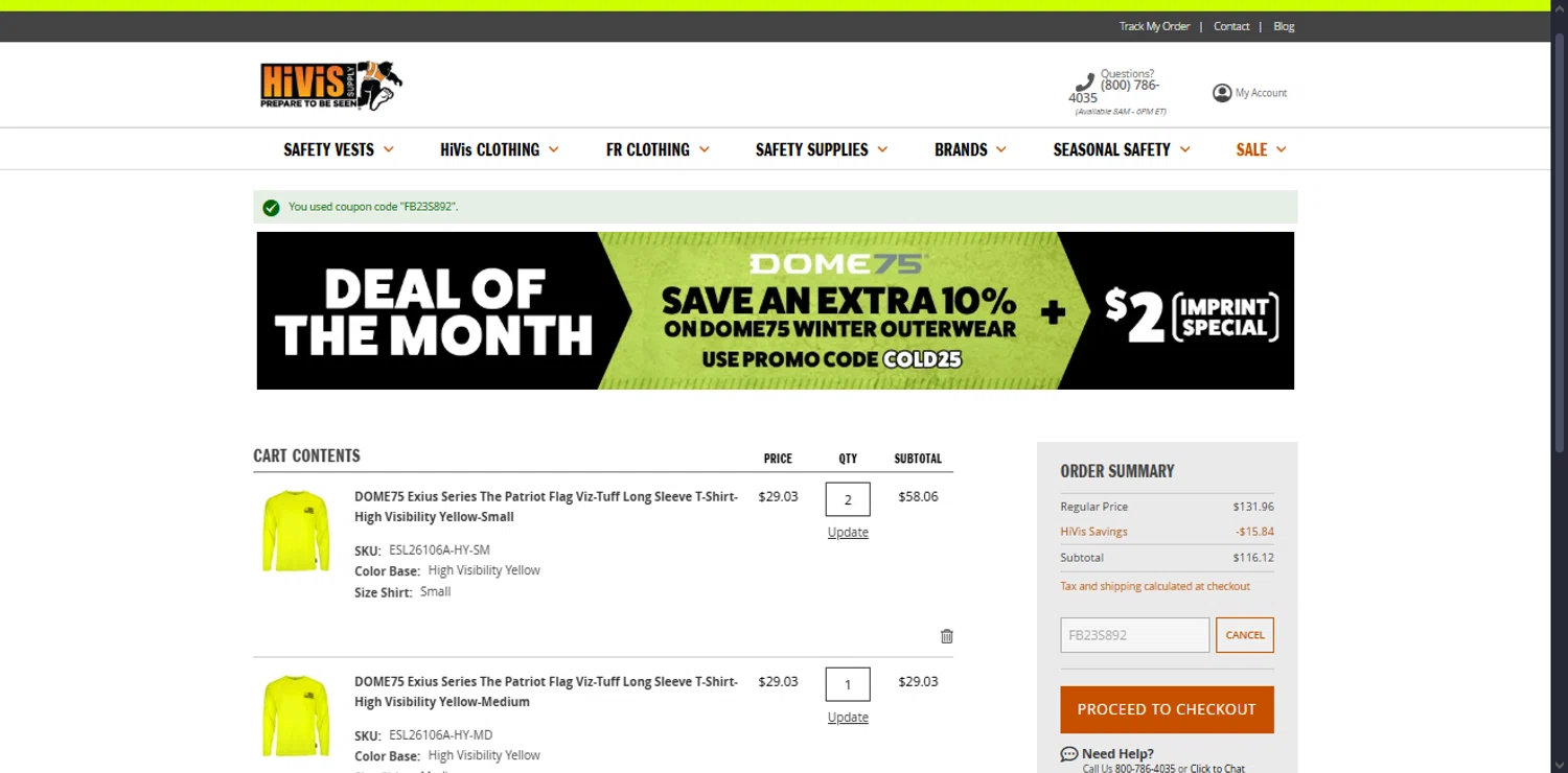 Hi Vis Supply promo code screenshot showing code FB23S892 applied at Hi Vis Supply checkout page. Uploaded by SimplyCodes community member TraxoGamer on Dec 17, 2025