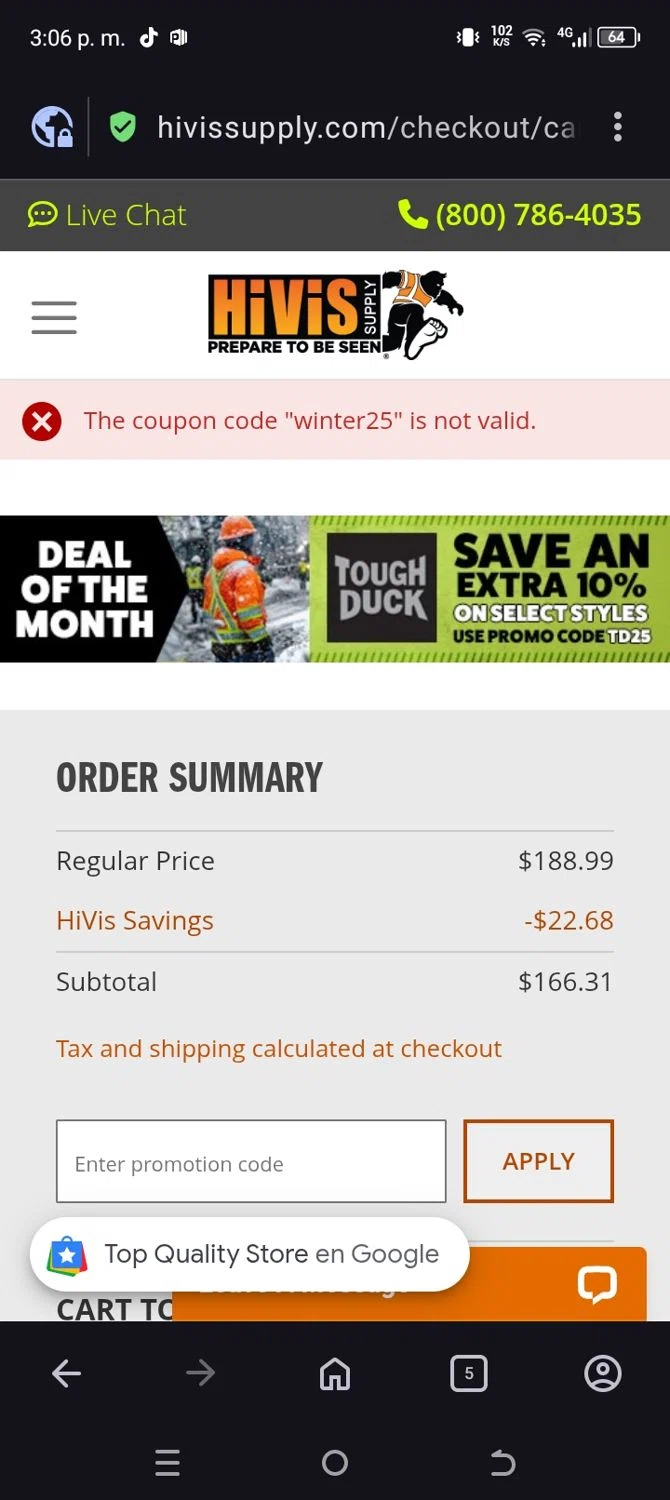 Hi Vis Supply promo code screenshot showing code winter25 applied at Hi Vis Supply checkout page. Uploaded by SimplyCodes community member WiseScout4178 on Nov 1, 2025