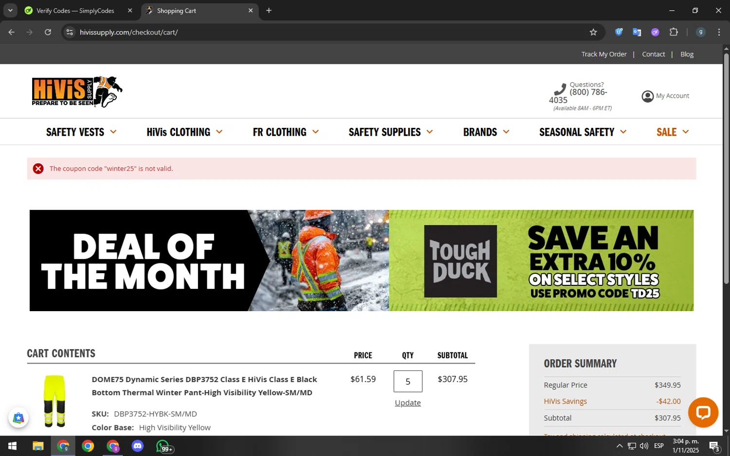 Hi Vis Supply promo code screenshot showing code winter25 applied at Hi Vis Supply checkout page. Uploaded by SimplyCodes community member youngchecker2 on Nov 1, 2025