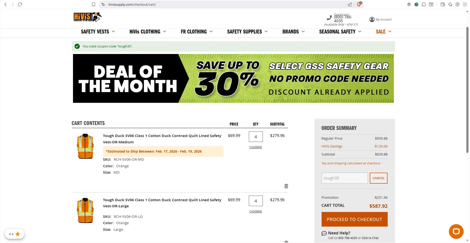 Hi Vis Supply checkout page showing Hi Vis Supply promo code box | Screenshot taken by SimplyCodes community member on Feb 10, 2026