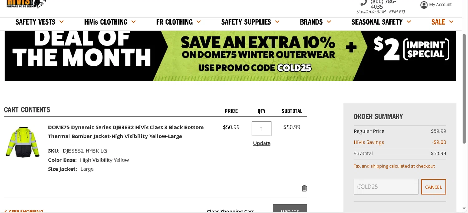 Hi Vis Supply promo code screenshot showing code COLD25 applied at Hi Vis Supply checkout page. Uploaded by SimplyCodes community member shark12 on Dec 30, 2025