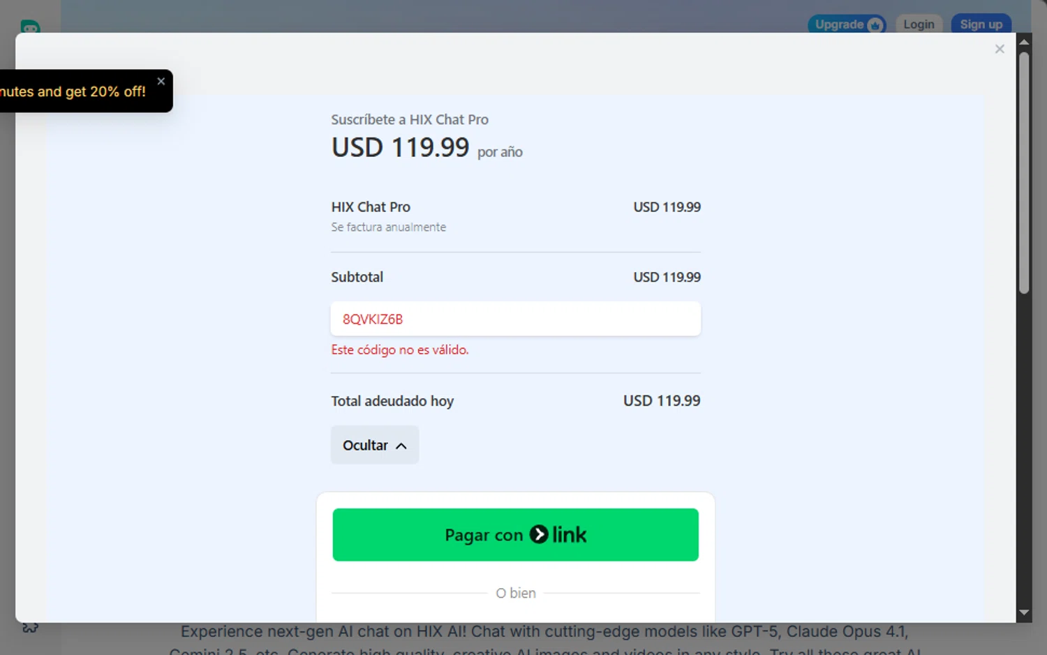HIX.AI promo code screenshot showing code 8QVKIZ6B applied at HIX.AI checkout page. Uploaded by SimplyCodes community member Santi_ago on Sep 29, 2025