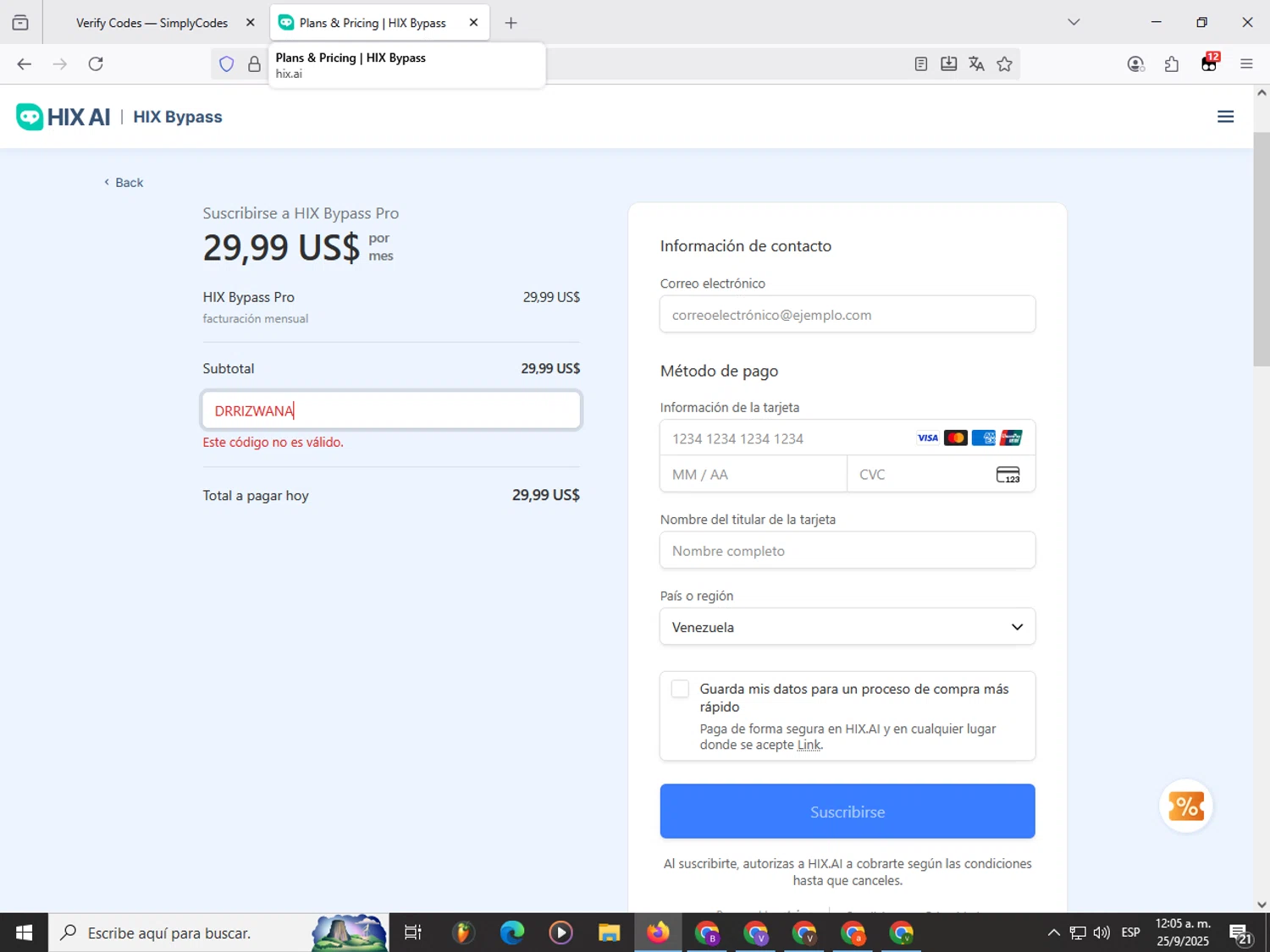 HIX.AI promo code screenshot showing code DRRIZWANA applied at HIX.AI checkout page. Uploaded by SimplyCodes community member Garou_Y2K on Sep 25, 2025