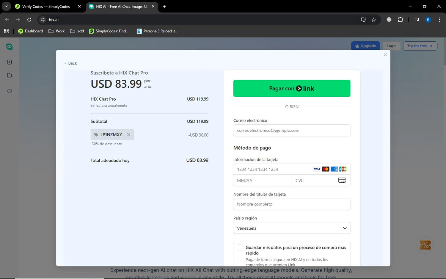 HIX.AI promo code screenshot showing code LP1NZMXY applied at HIX.AI checkout page. Uploaded by SimplyCodes community member MoneyGenius452 on Dec 6, 2025