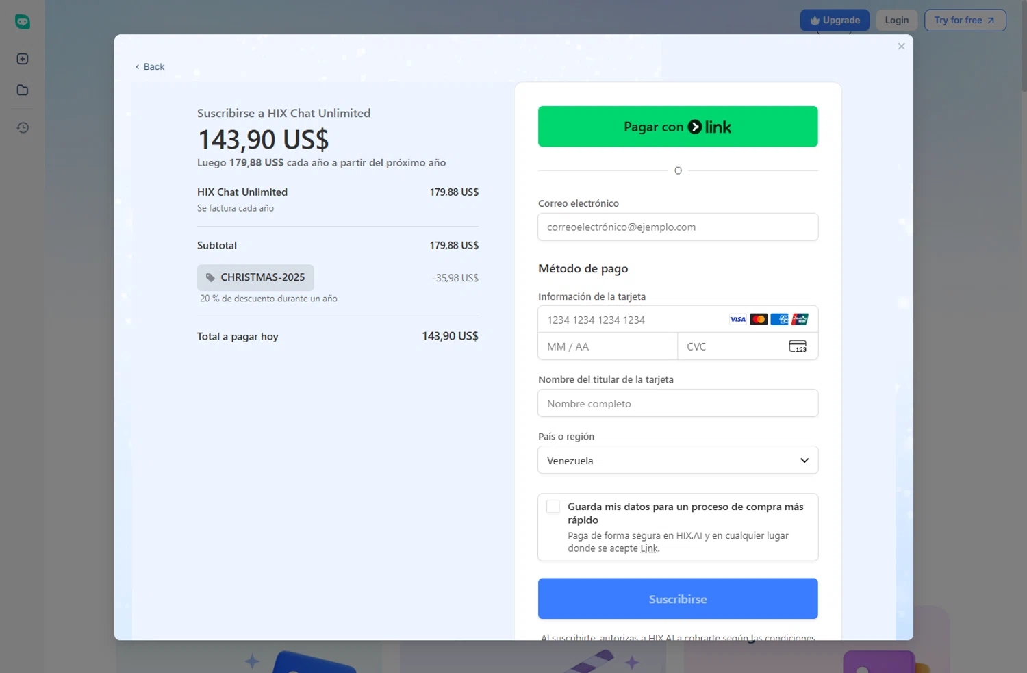 HIX.AI promo code screenshot showing code CHRISTMAS-2025 applied at HIX.AI checkout page. Uploaded by SimplyCodes community member ivantorres on Dec 18, 2025