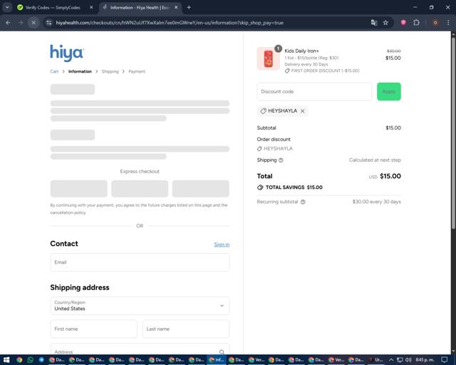 Hiya Health checkout page showing Hiya Health discount code box | Screenshot taken by SimplyCodes community member on Sep 13, 2025