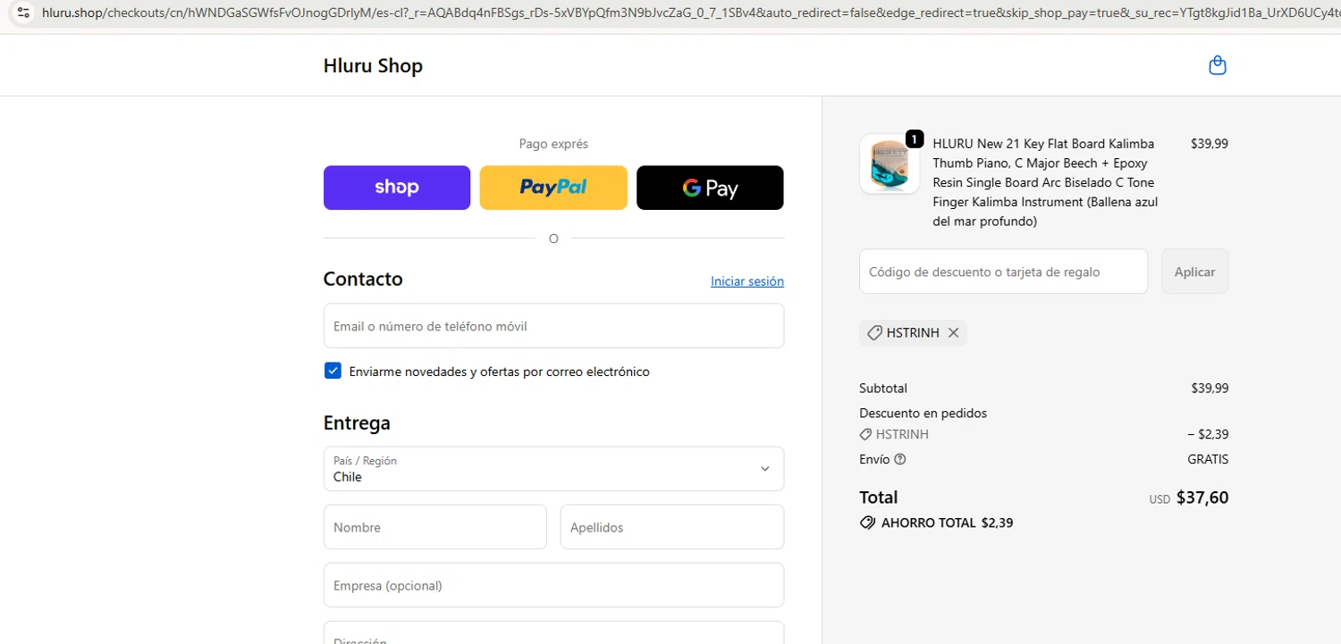 Hluru Shop promo code screenshot showing code KALIMBACLASS applied at Hluru Shop checkout page. Uploaded by SimplyCodes community member 415464564565 on Jun 12, 2026