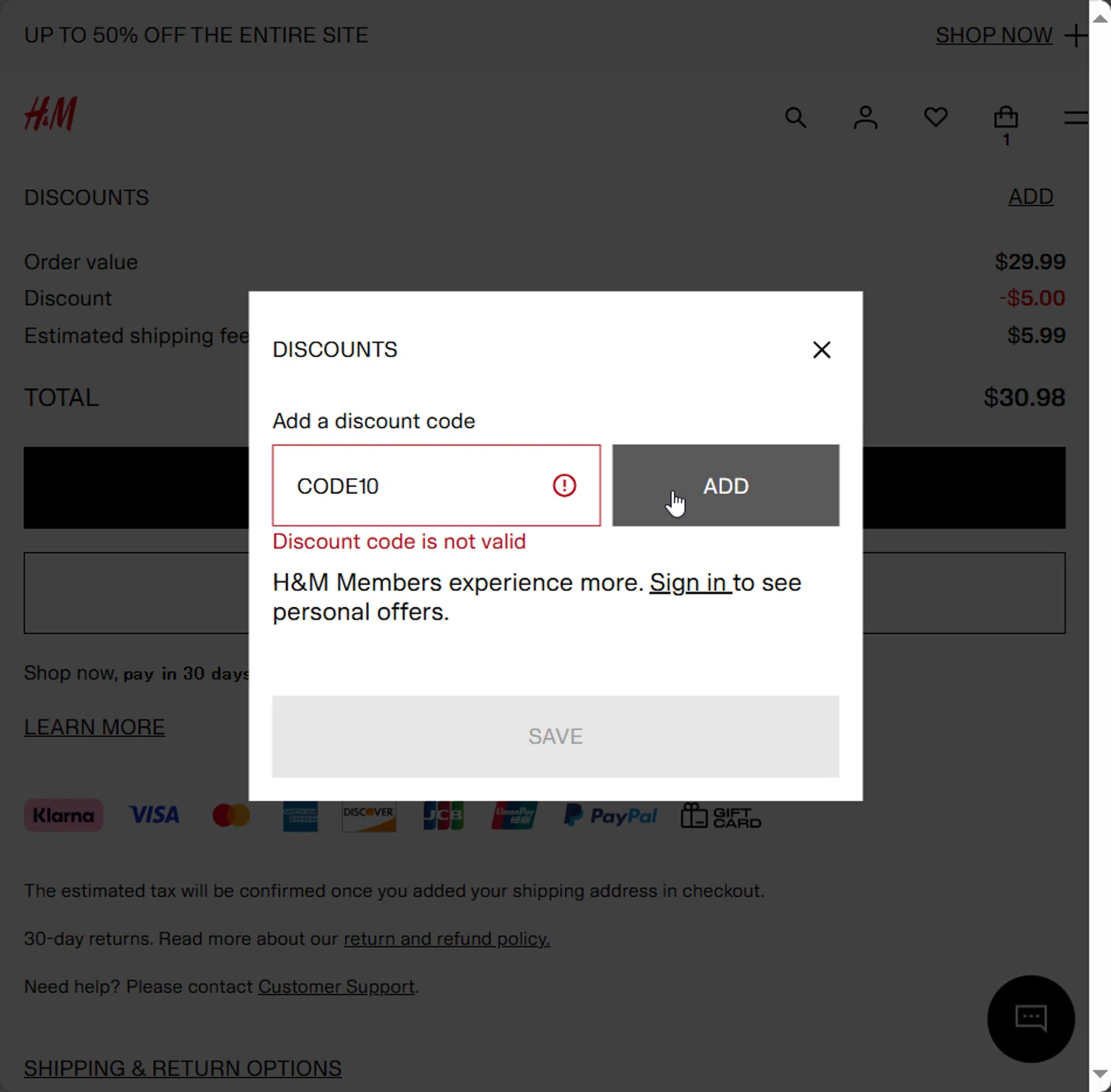 H&M promo code screenshot showing code CODE10 applied at H&M checkout page. Uploaded by SimplyCodes community member DonutPunks on May 27, 2025