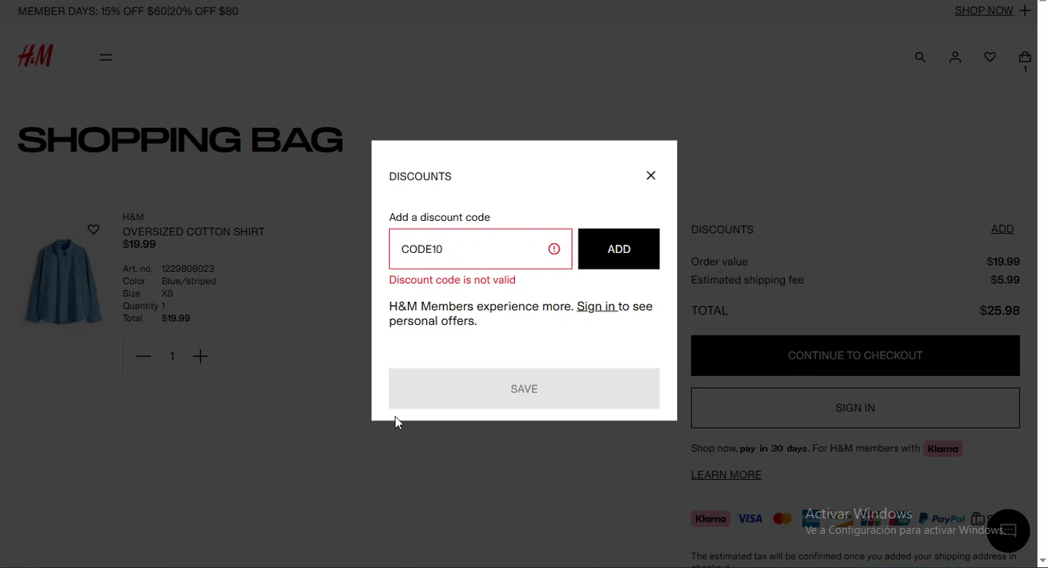 H&M promo code screenshot showing code CODE10 applied at H&M checkout page. Uploaded by SimplyCodes community member Jsjsjsjsjsjsjs on Apr 6, 2025
