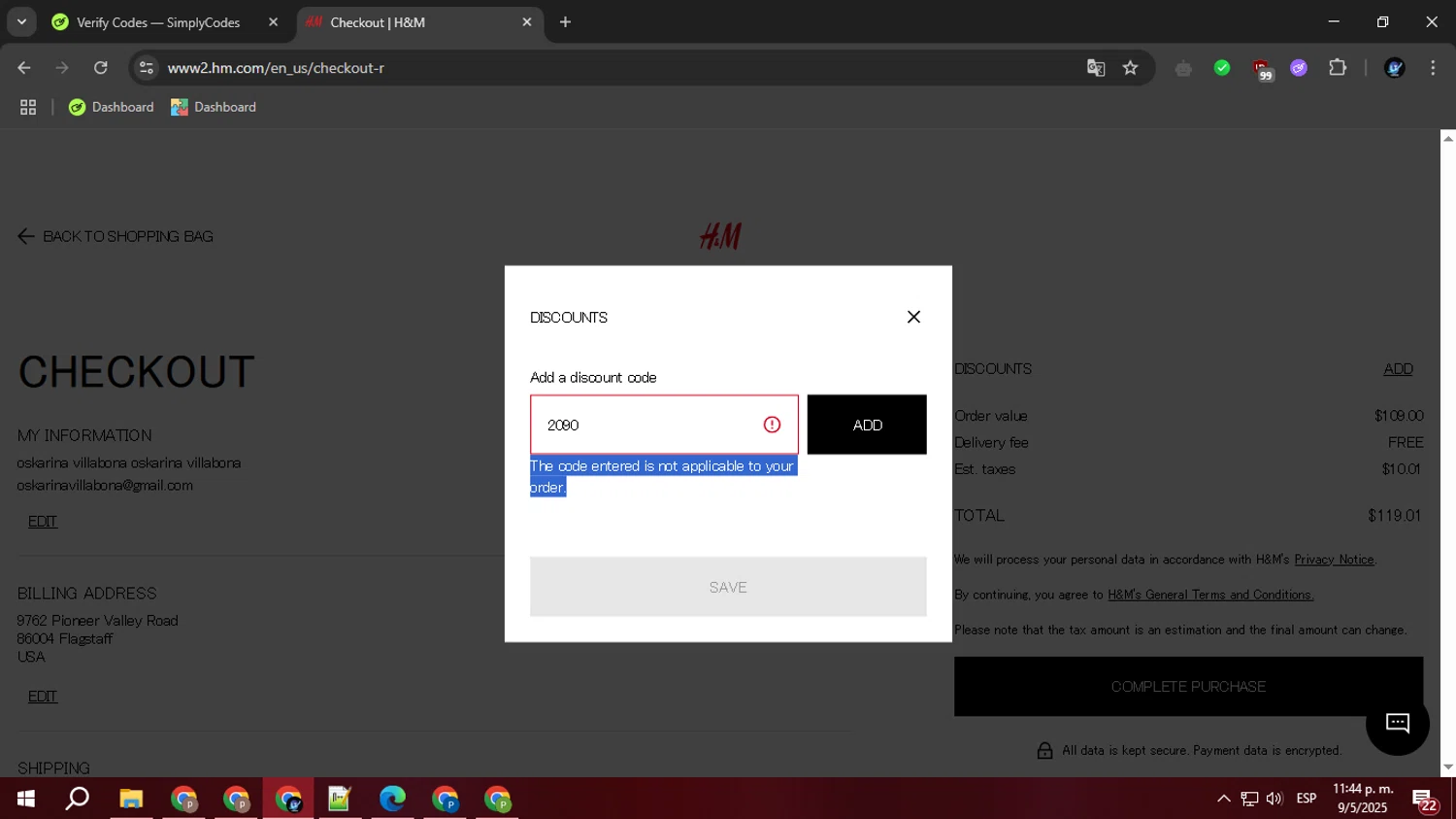 H&M promo code screenshot showing code 2090 applied at H&M checkout page. Uploaded by SimplyCodes community member BudgetOwl2519 on May 10, 2025