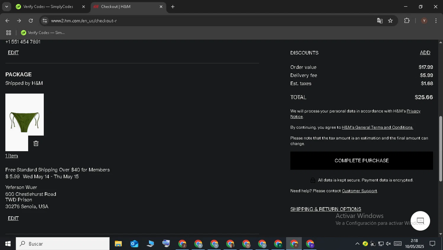 H&M promo code screenshot showing code 2090 applied at H&M checkout page. Uploaded by SimplyCodes community member LegendaryTitan3375 on May 10, 2025