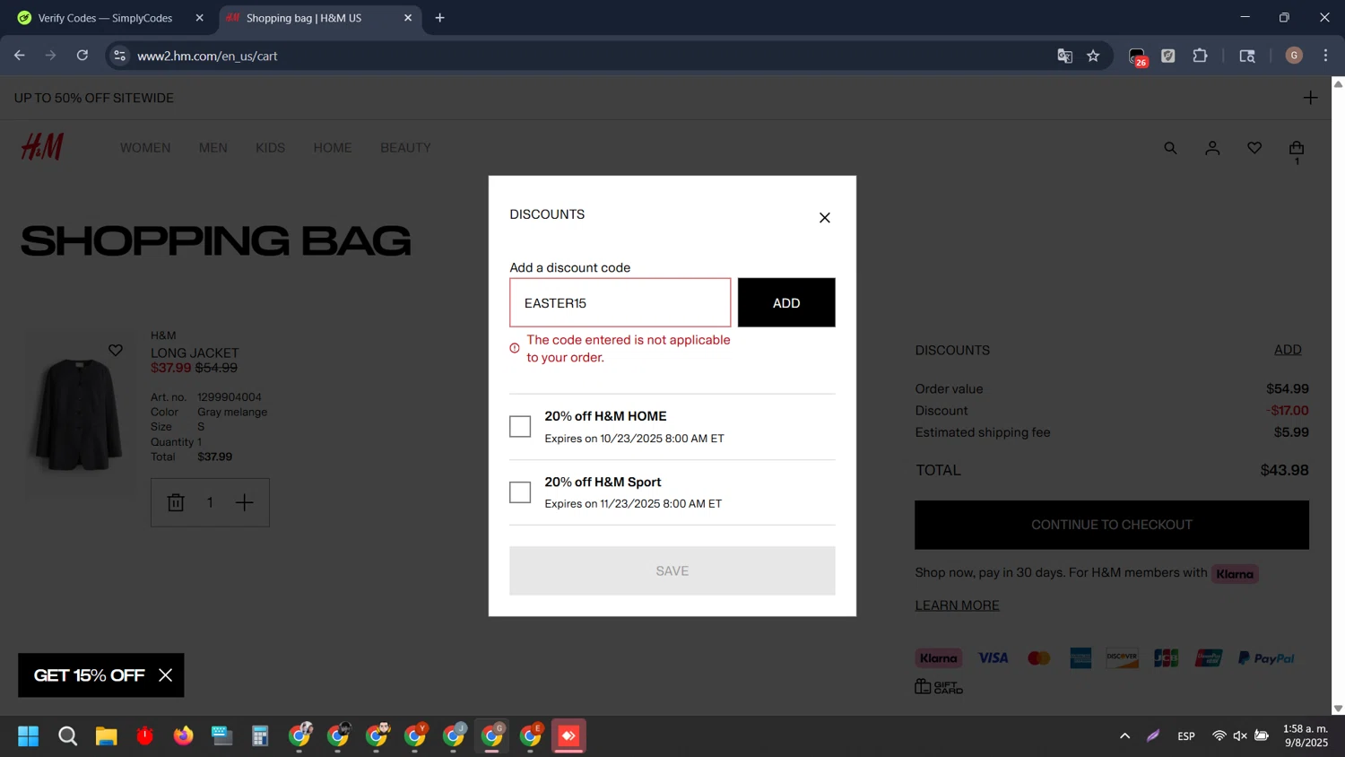 H&M promo code screenshot showing code EASTER15 applied at H&M checkout page. Uploaded by SimplyCodes community member EpicTiger3556 on Aug 9, 2025