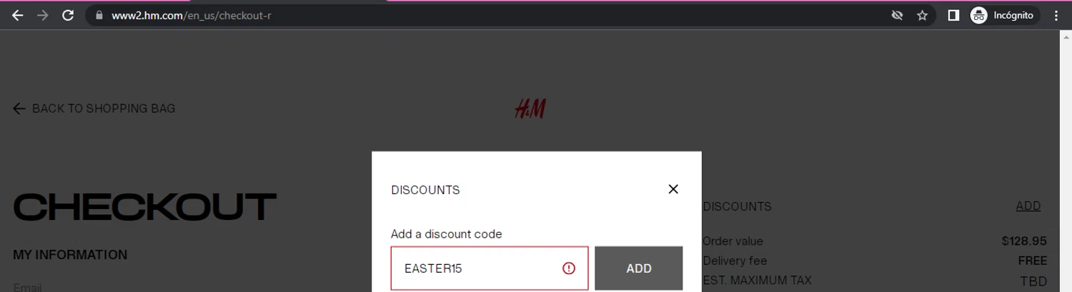 H&M promo code screenshot showing code EASTER15 applied at H&M checkout page. Uploaded by SimplyCodes community member beatrizcastillo on Jun 7, 2025