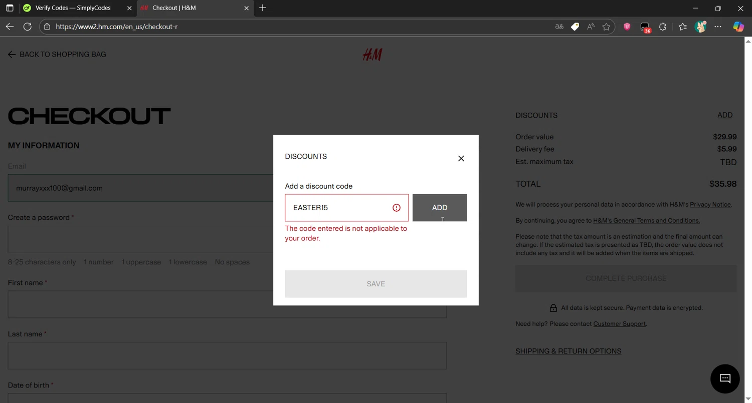 H&M promo code screenshot showing code EASTER15 applied at H&M checkout page. Uploaded by SimplyCodes community member murraytopsom on Aug 5, 2025