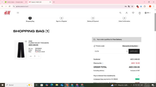 H&M checkout page showing H&M promo code box | Screenshot taken by SimplyCodes community member on Sep 21, 2025