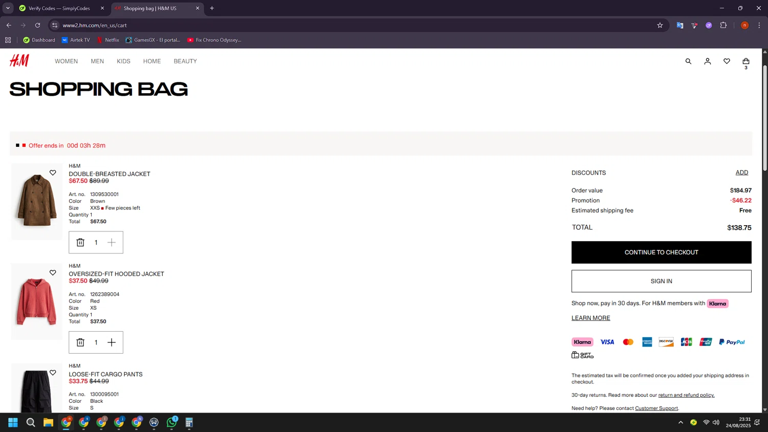 H&M promo code screenshot showing code 2720 applied at H&M checkout page. Uploaded by SimplyCodes community member BudgetShopper182 on Aug 25, 2025