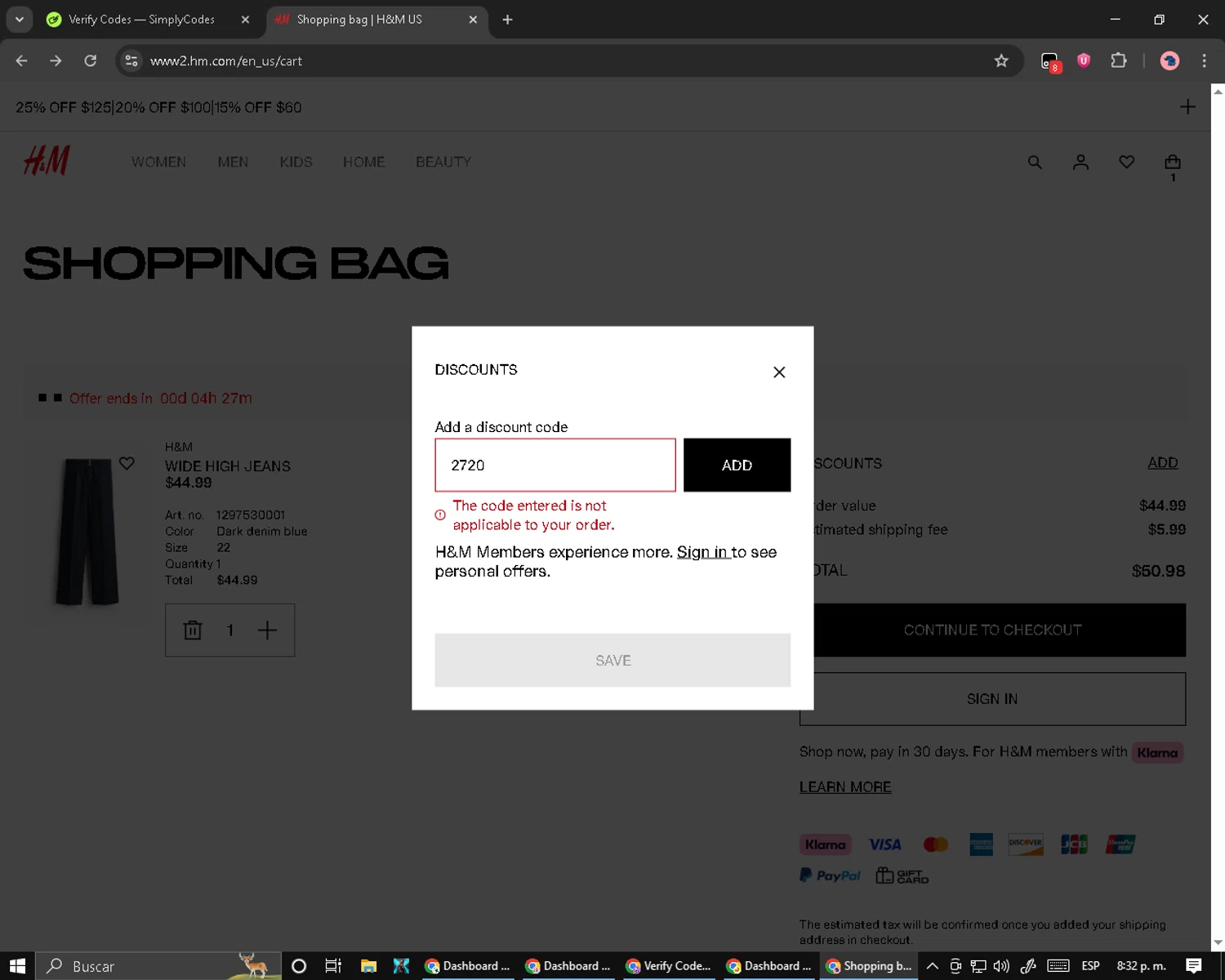 H&M promo code screenshot showing code 2720 applied at H&M checkout page. Uploaded by SimplyCodes community member Cynoxx on Aug 25, 2025