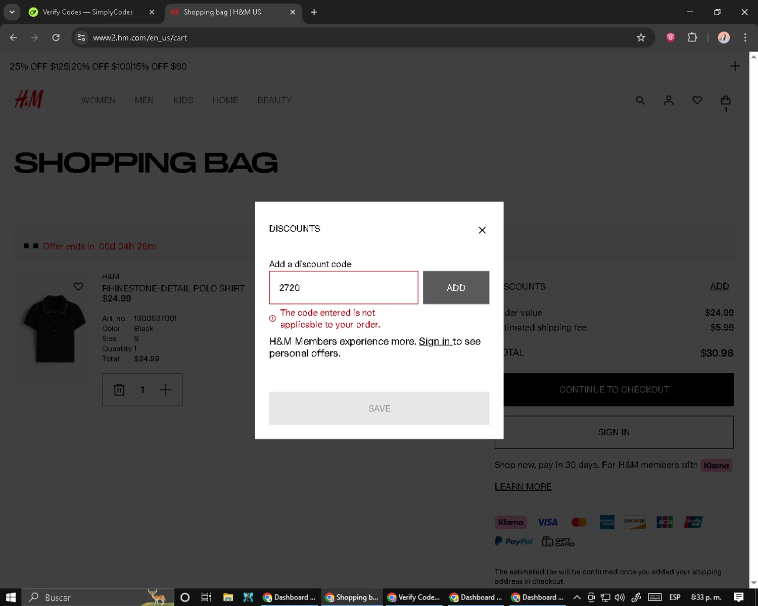 H&M promo code screenshot showing code 2720 applied at H&M checkout page. Uploaded by SimplyCodes community member MoneyPilot9165 on Aug 25, 2025