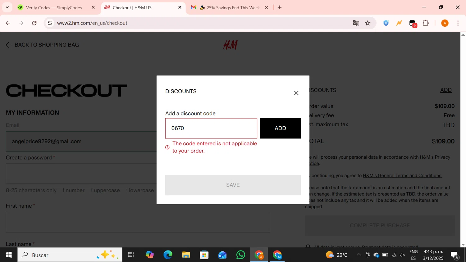 H&M promo code screenshot showing code 0670 applied at H&M checkout page. Uploaded by SimplyCodes community member BrilliantPro4121 on Dec 3, 2025