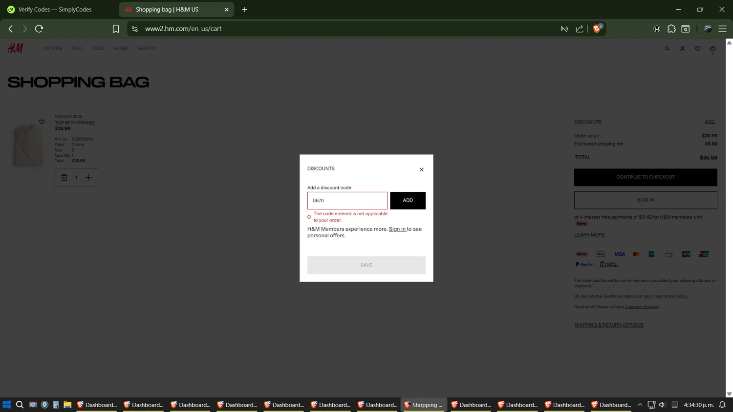 H&M promo code screenshot showing code 0670 applied at H&M checkout page. Uploaded by SimplyCodes community member Phoenix on Dec 3, 2025