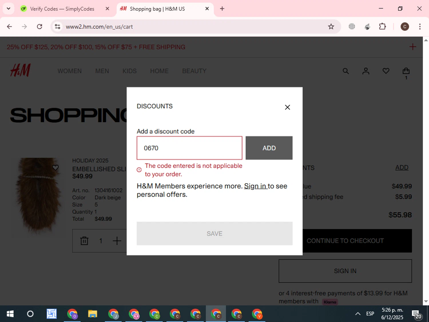 H&M promo code screenshot showing code 0670 applied at H&M checkout page. Uploaded by SimplyCodes community member WonderCurator7831 on Dec 6, 2025