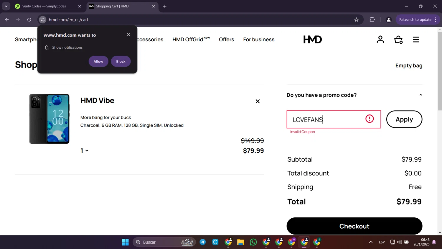 HMD promo code screenshot showing code LOVEFANS applied at HMD checkout page. Uploaded by SimplyCodes community member Puppet on Jan 26, 2025