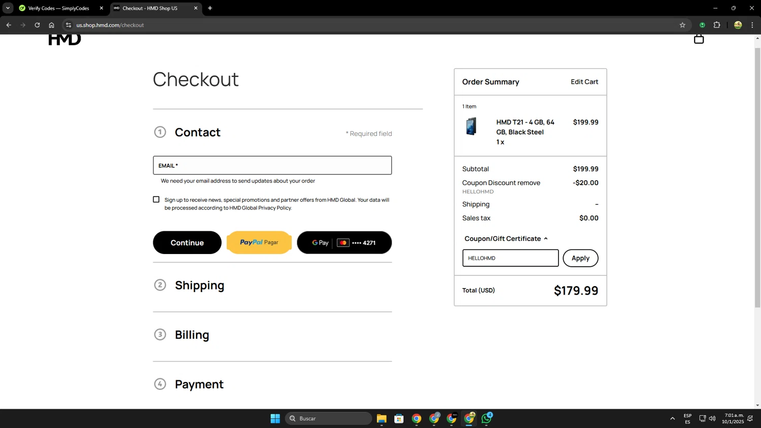 HMD promo code screenshot showing code HELLOHMD applied at HMD checkout page. Uploaded by SimplyCodes community member Leoncio on Jan 10, 2025