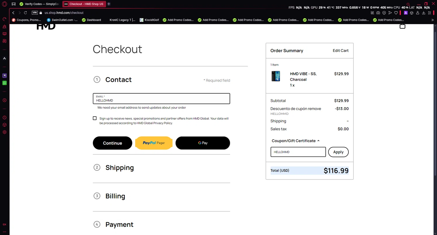 HMD promo code screenshot showing code HELLOHMD applied at HMD checkout page. Uploaded by SimplyCodes community member noahbronw on Jan 10, 2025