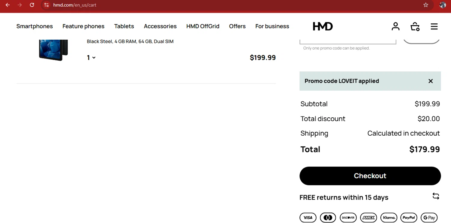 HMD promo code screenshot showing code LOVEIT applied at HMD checkout page. Uploaded by SimplyCodes community member kimberlinmartinez on May 14, 2025