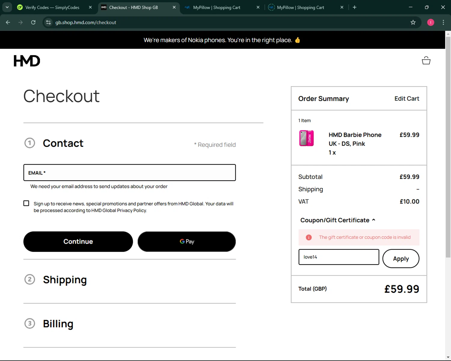 HMD promo code screenshot showing code love14 applied at HMD checkout page. Uploaded by SimplyCodes community member BargainSeeker9964 on Mar 6, 2025