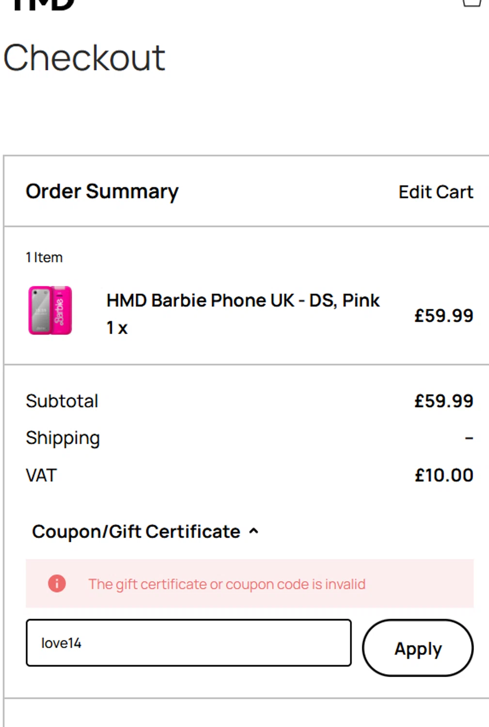 HMD promo code screenshot showing code love14 applied at HMD checkout page. Uploaded by SimplyCodes community member CouponFox1822 on Mar 6, 2025