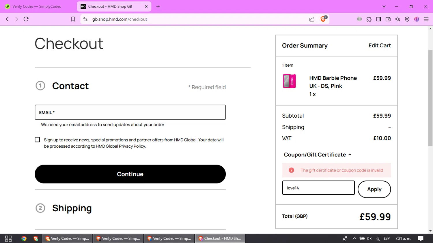 HMD promo code screenshot showing code love14 applied at HMD checkout page. Uploaded by SimplyCodes community member PrimeLynx5403 on Mar 6, 2025