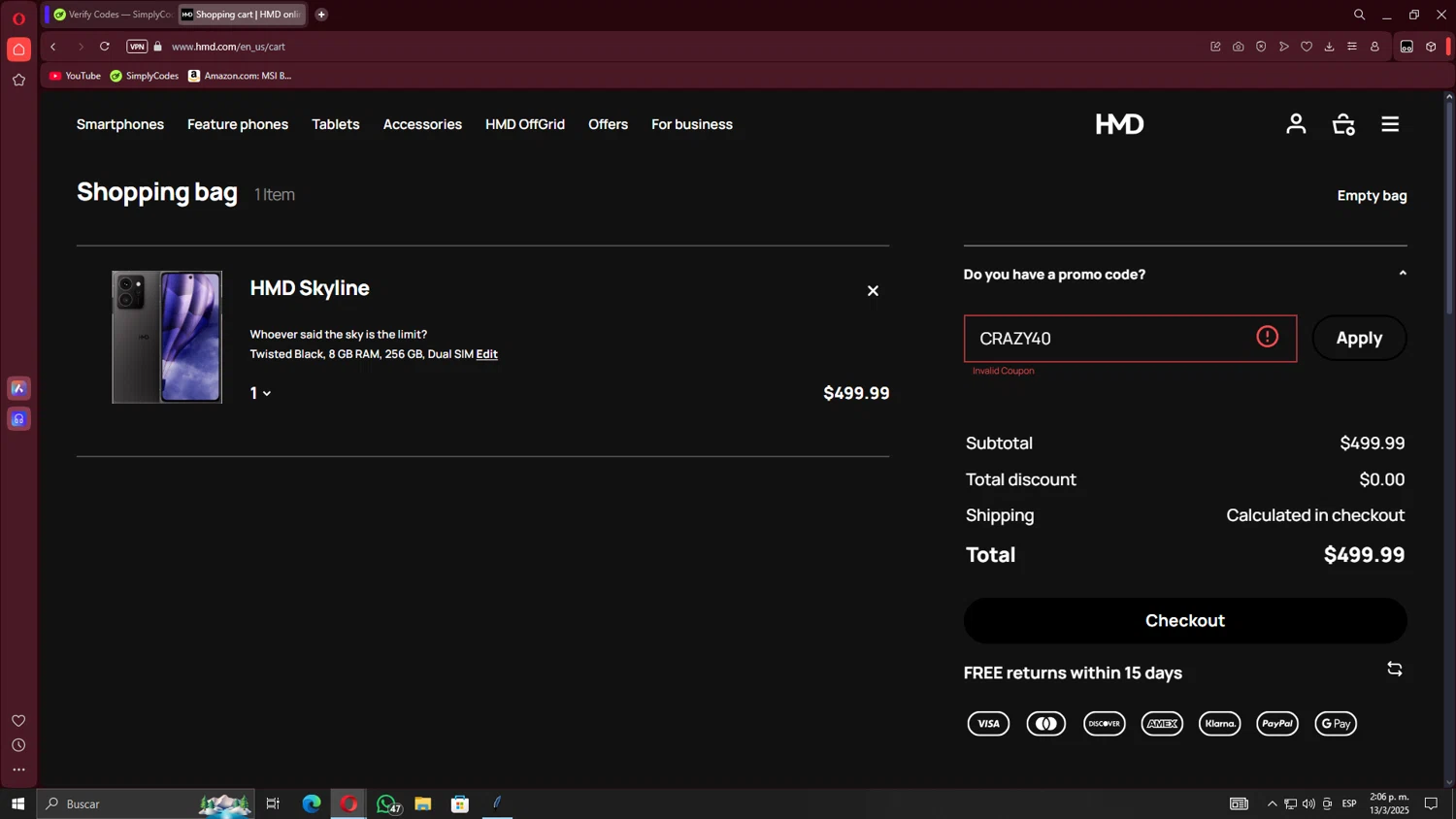 HMD promo code screenshot showing code CRAZY40 applied at HMD checkout page. Uploaded by SimplyCodes community member TheRodan on Mar 13, 2025
