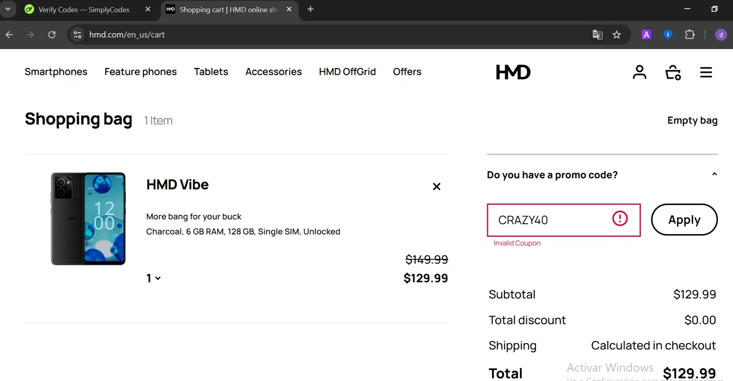 HMD promo code screenshot showing code CRAZY40 applied at HMD checkout page. Uploaded by SimplyCodes community member CoinOwl5103 on Mar 13, 2025