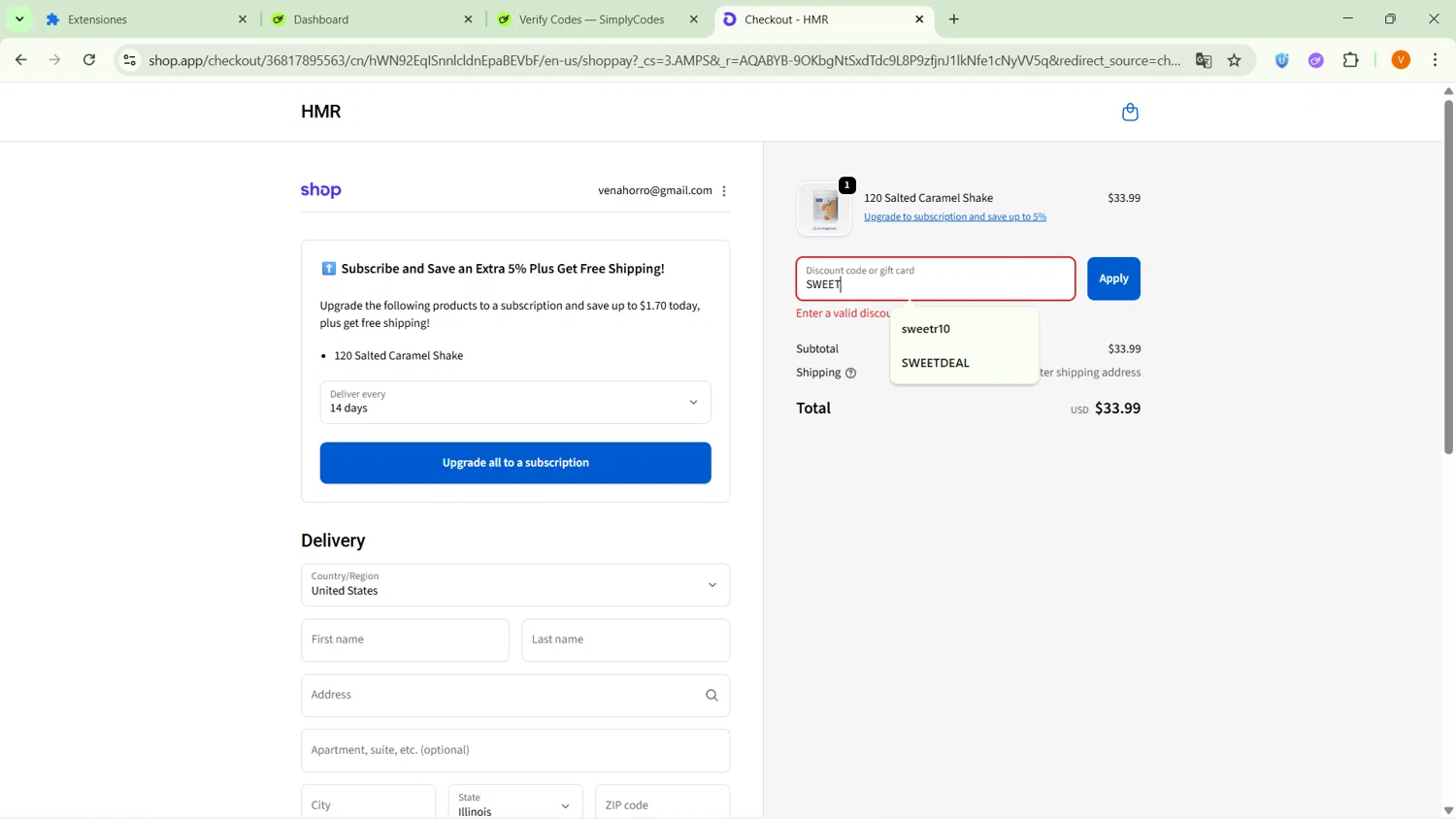 HMR Program promo code screenshot showing code SWEET applied at HMR Program checkout page. Uploaded by SimplyCodes community member ExtraordinarySaver9637 on Feb 21, 2026