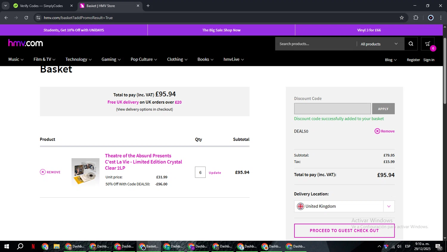 HMV discount code screenshot showing code DEAL50 applied at HMV checkout page. Uploaded by SimplyCodes community member RoyalBoss4384 on Dec 29, 2025