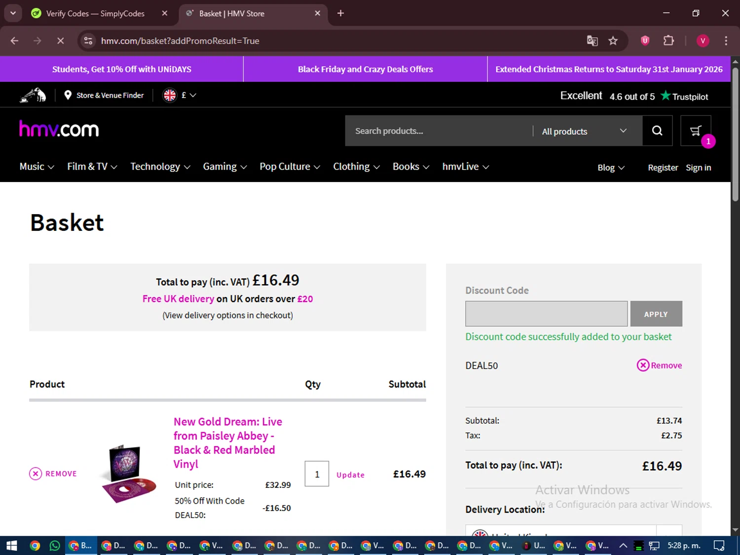 HMV discount code screenshot showing code DEAL50 applied at HMV checkout page. Uploaded by SimplyCodes community member ShieldEagle6102 on Nov 30, 2025
