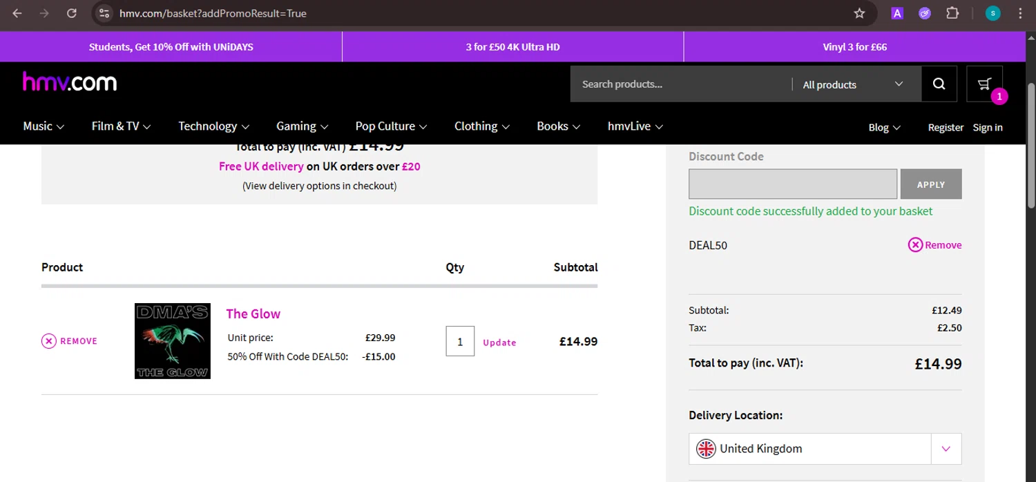 HMV discount code screenshot showing code DEAL50 applied at HMV checkout page. Uploaded by SimplyCodes community member ValiantChaser7723 on Nov 11, 2025