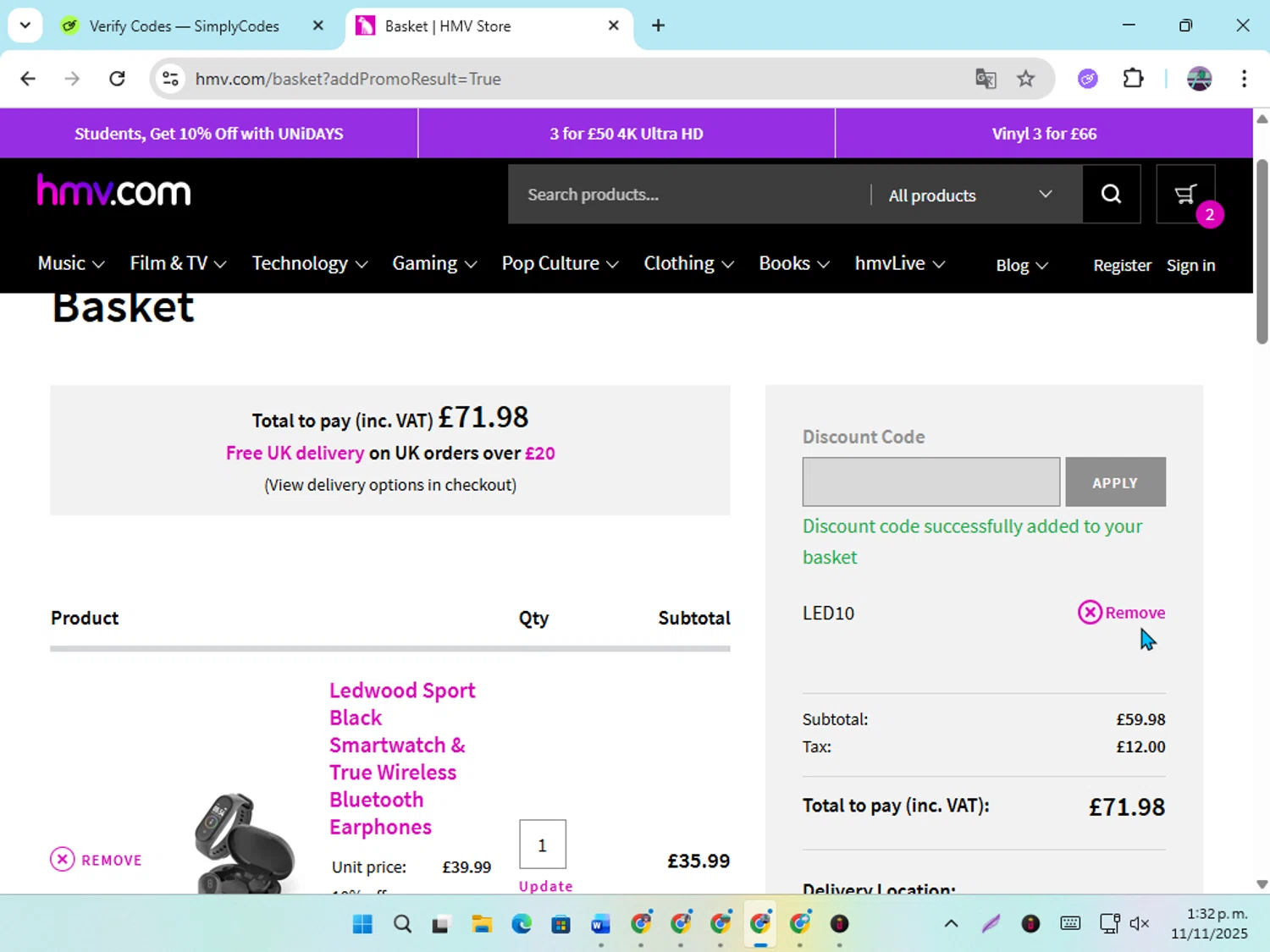 HMV discount code screenshot showing code LED10 applied at HMV checkout page. Uploaded by SimplyCodes community member DiscountGenius6081 on Nov 11, 2025