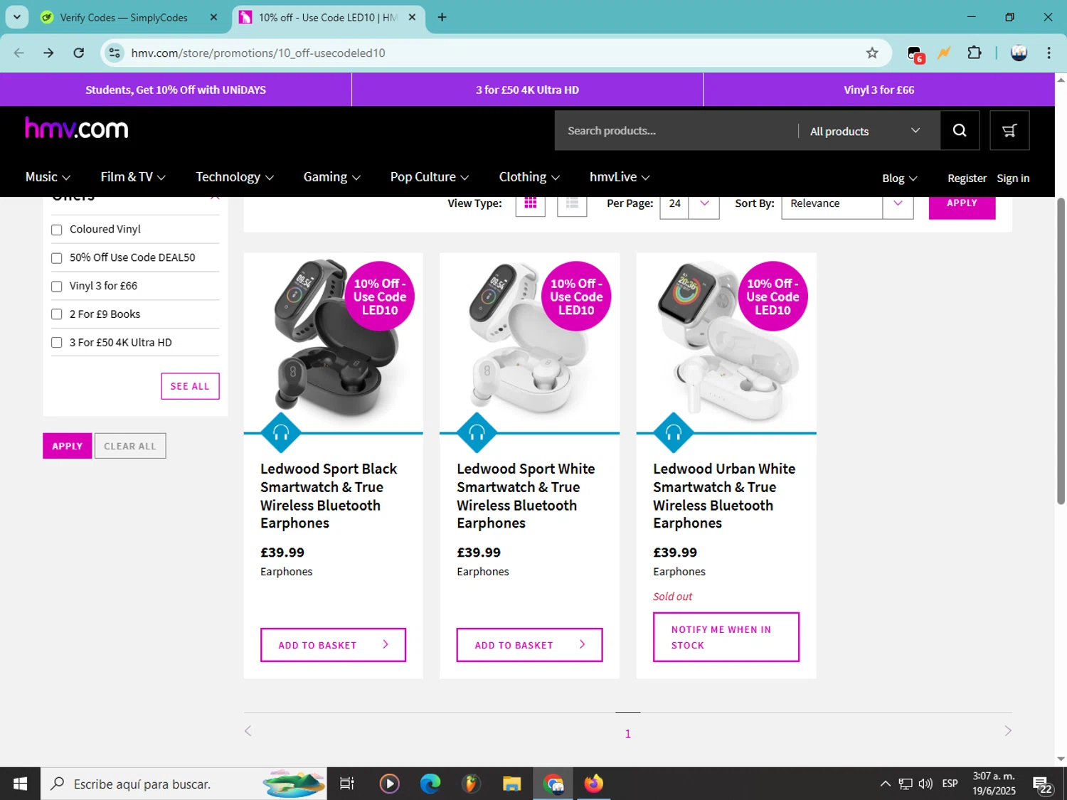 HMV discount code screenshot showing code LED10 applied at HMV checkout page. Uploaded by SimplyCodes community member Soyvictor on Jun 19, 2025