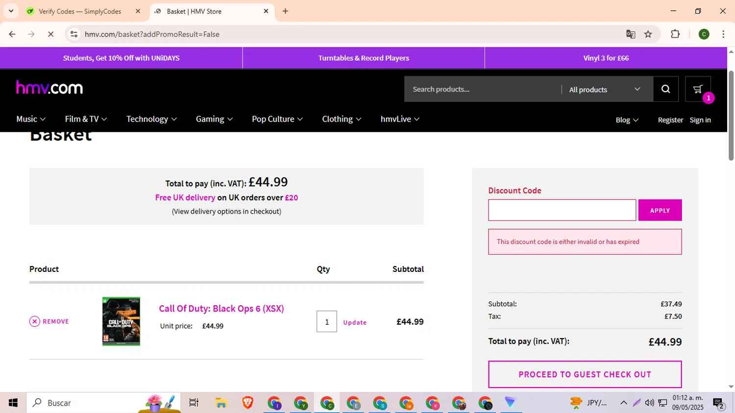 HMV discount code screenshot showing code DISNEY20 applied at HMV checkout page. Uploaded by SimplyCodes community member DevianArt on May 9, 2025